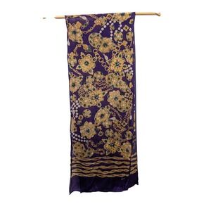 Vintage Honey Silk Scarf Purple Gold Chain Medallion Print‎ Ornate Old Money